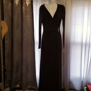 NWT beautiful chocolate long sleeve wrap gown w faux crystal broach at waist
